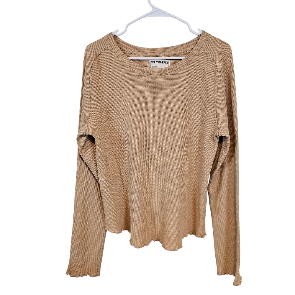 Free People Waffle Knit Scalloped Hem Easy Does It Cotton Top - Picture 2 of 9